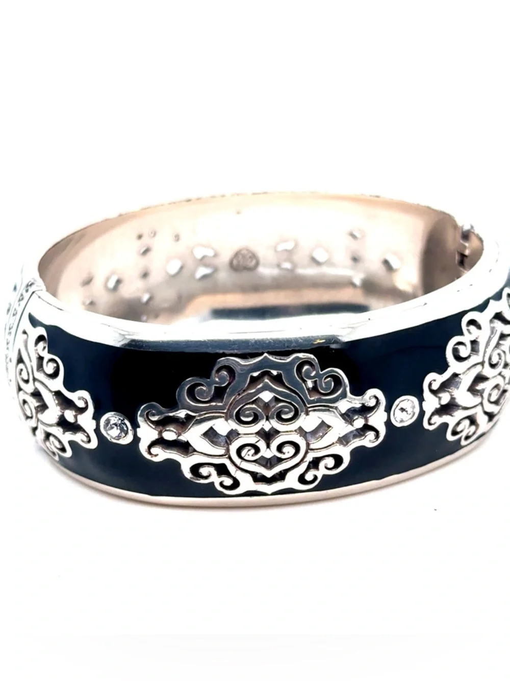 Brighton‎ Black Enamel Silver-Tone Filigree Bangle Bracelet